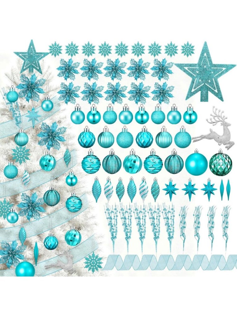 Teal Blue 118-Pc Christmas Tree Decoration Set - Ornaments, Ribbons, Snowflakes